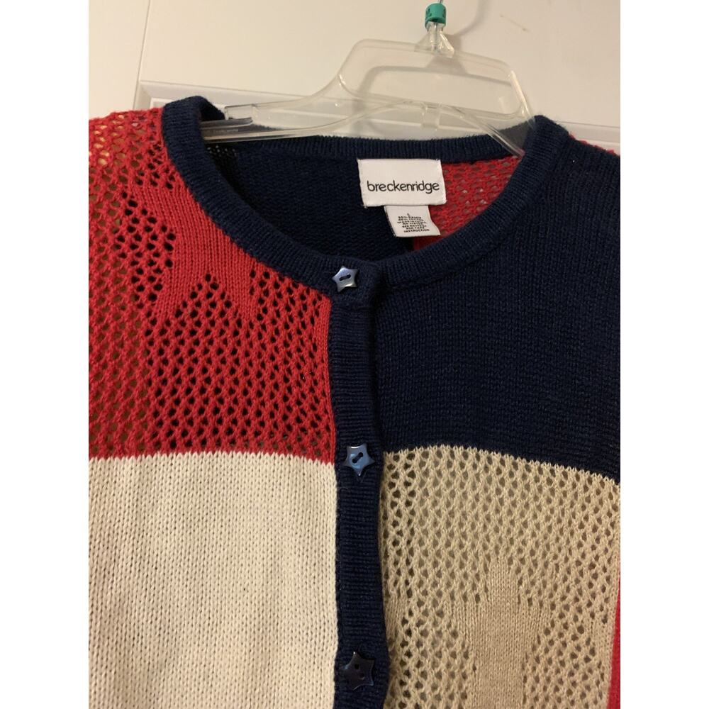 Breckenridge red blue yellow star themed knit button down sweater ramie blend L - Picture 2 of 5
